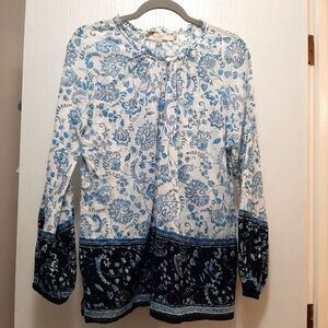 Loft Blue Peasant Blouse Long Sleeve Relaxed Fit Keyhole Ruffles Medium